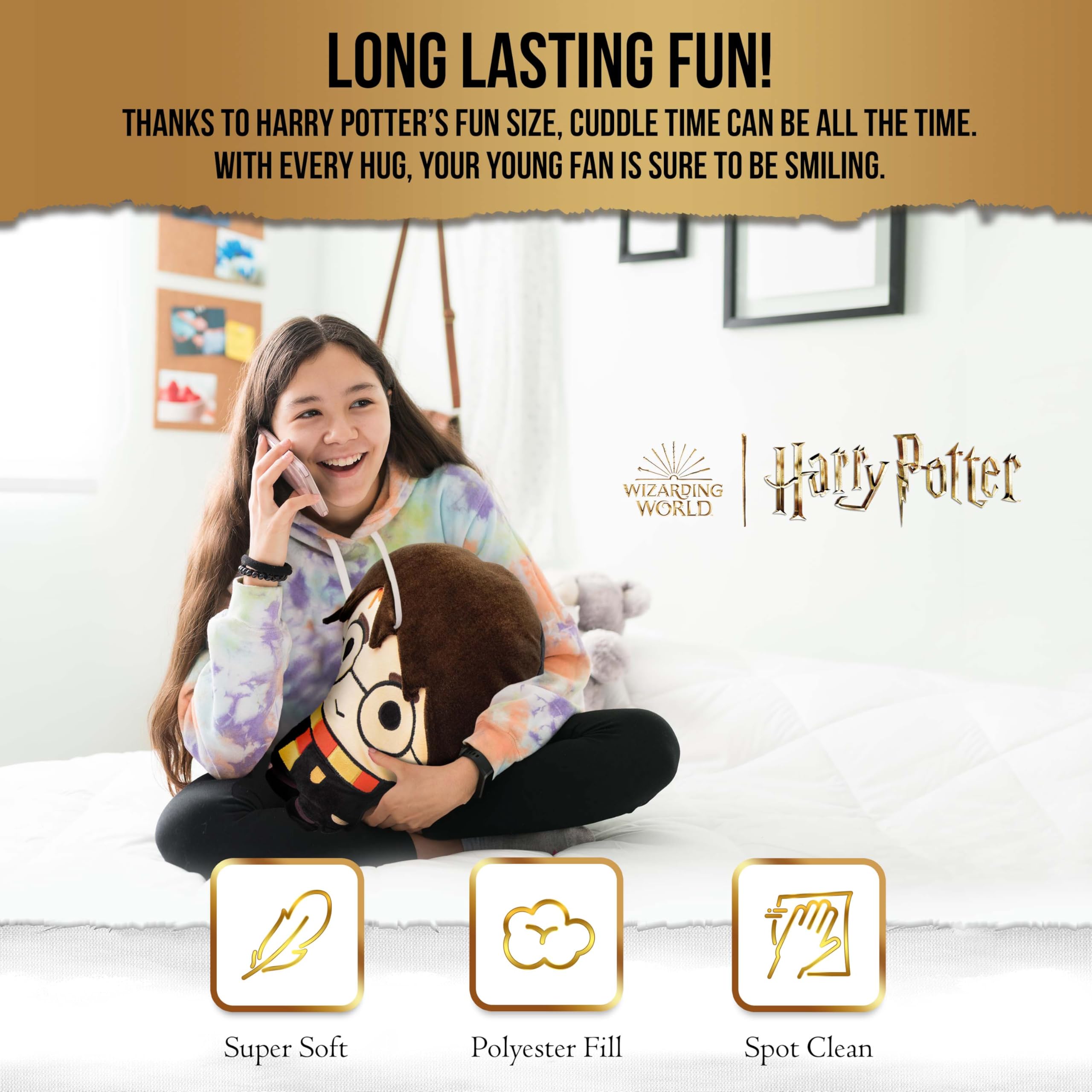 Jay Franco Harry Potter pillow buddy resting on a bed for bedtime comfort
