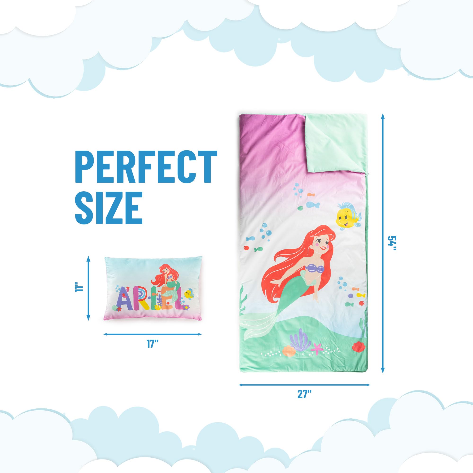Jay Franco Little Mermaid pillow close-up showing soft fabric for gentle naps.