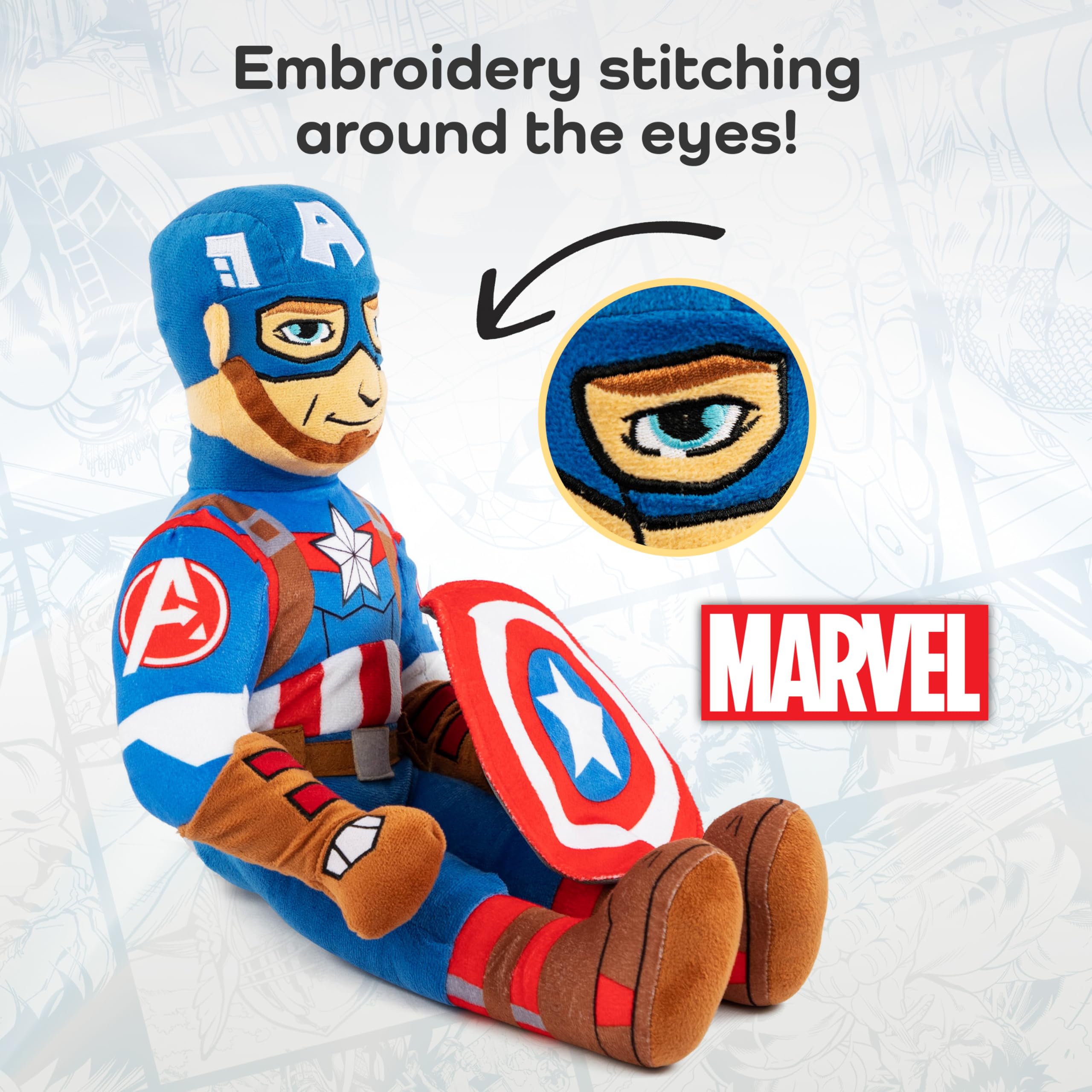 Jay Franco Captain America pillow buddy resting on bed for bedtime fun.