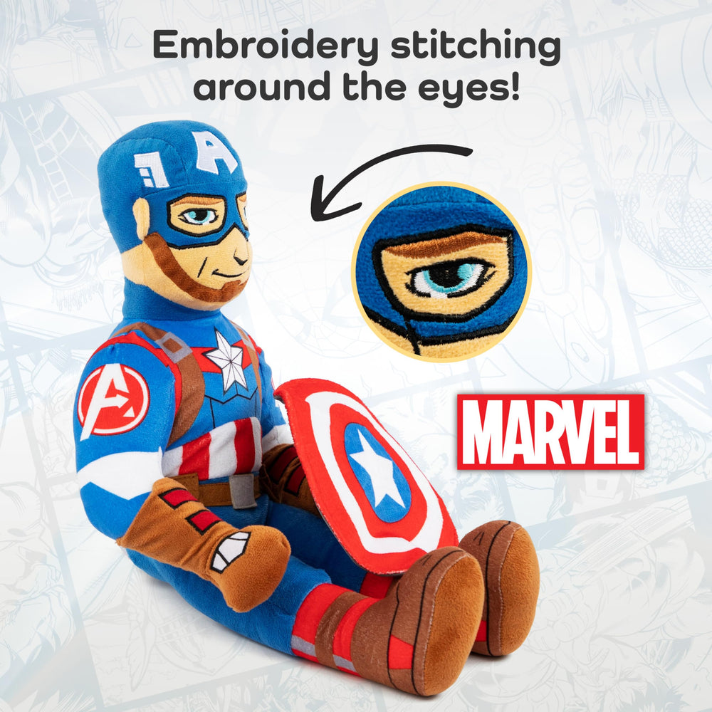 Jay Franco Captain America pillow buddy resting on bed for bedtime fun.