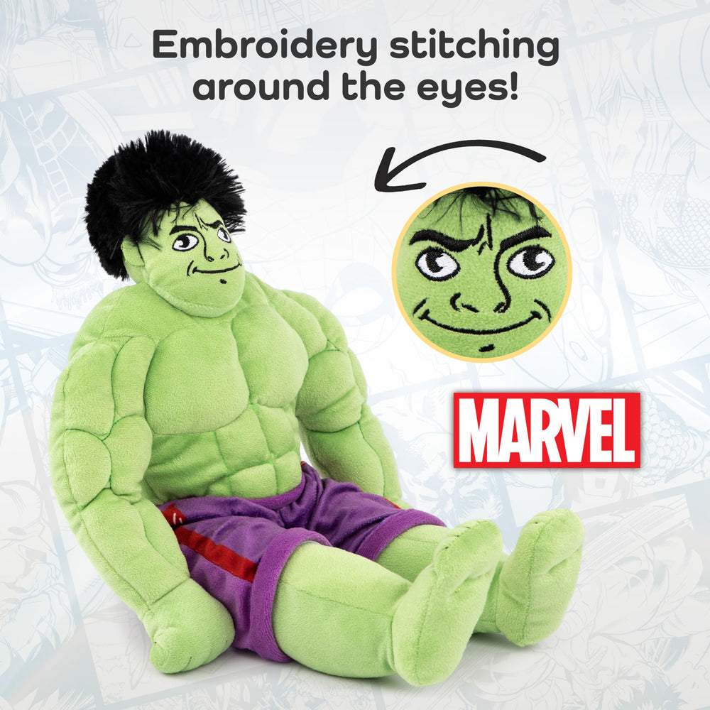 Jay Franco Marvel Hulk plush buddy on bed for bedtime snuggle.