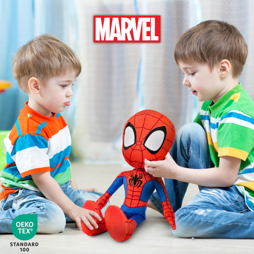 Jay Franco Spidey pillow buddy in bed, kid-friendly bedtime companion.