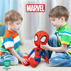 Jay Franco Spidey pillow buddy in bed, kid-friendly bedtime companion.