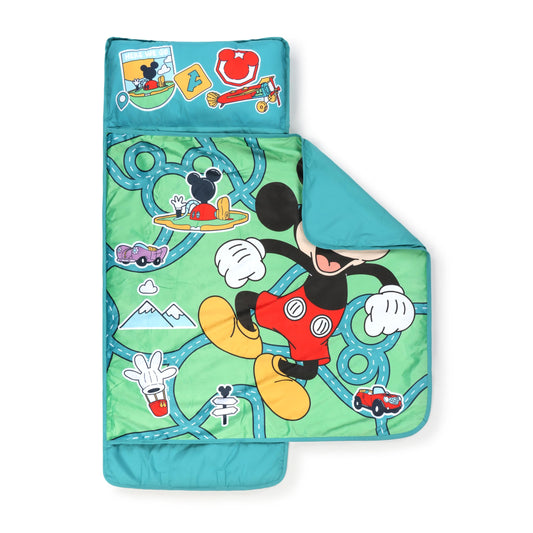 Jay Franco nap mat with embedded pillow provides head support during naps.