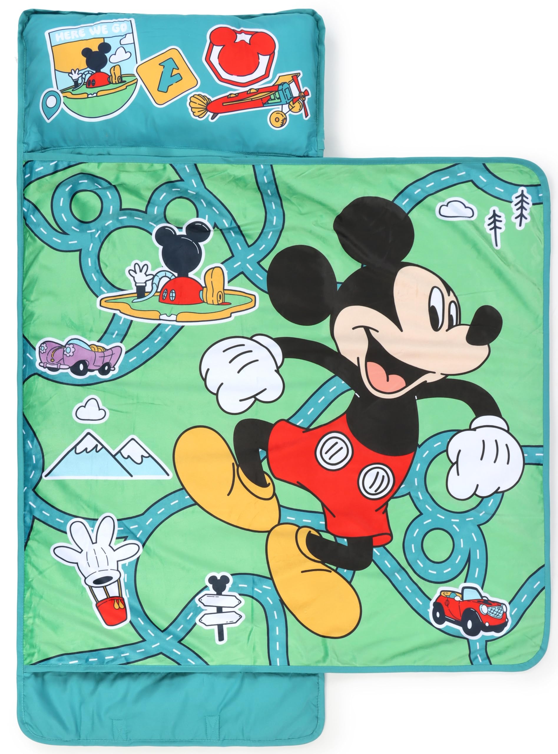 Jay Franco Mickey Mouse nap mat with full rest setup for on-the-go naps.