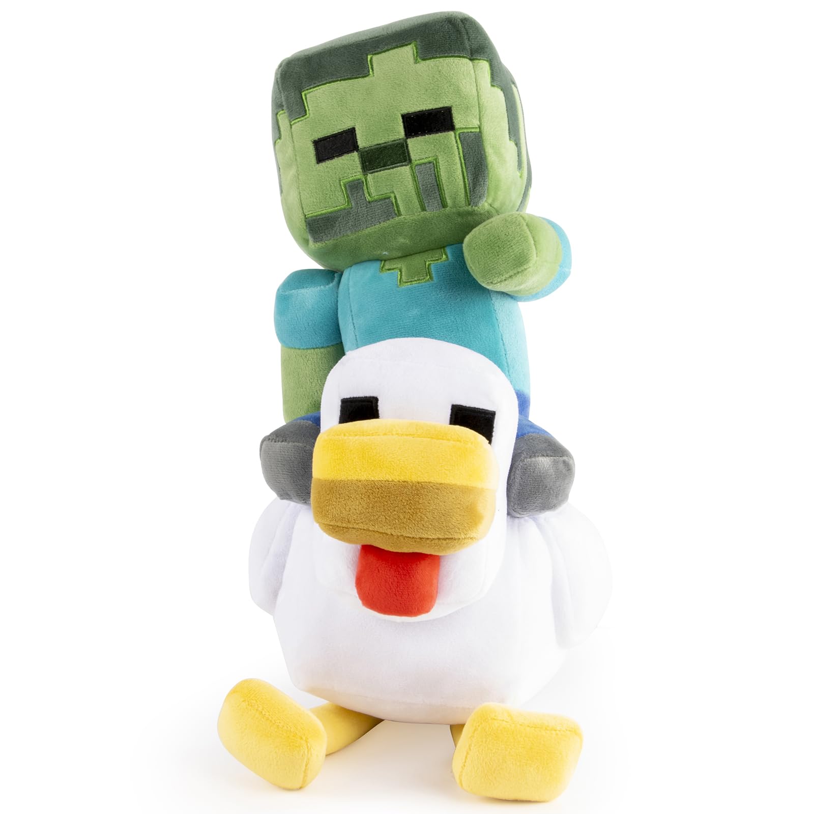 Jay Franco Minecraft zombie-chicken pillow buddy on a bed for bedtime.
