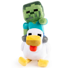 Jay Franco Minecraft zombie-chicken pillow buddy on a bed for bedtime.