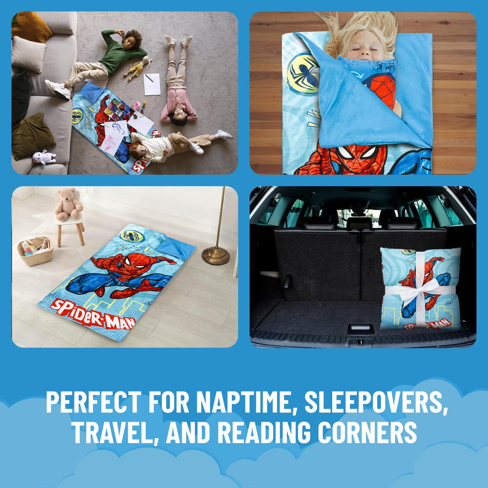 Jay Franco Spiderman slumber set folded—compact storage for travel.