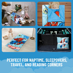 Jay Franco Spiderman slumber set folded—compact storage for travel.
