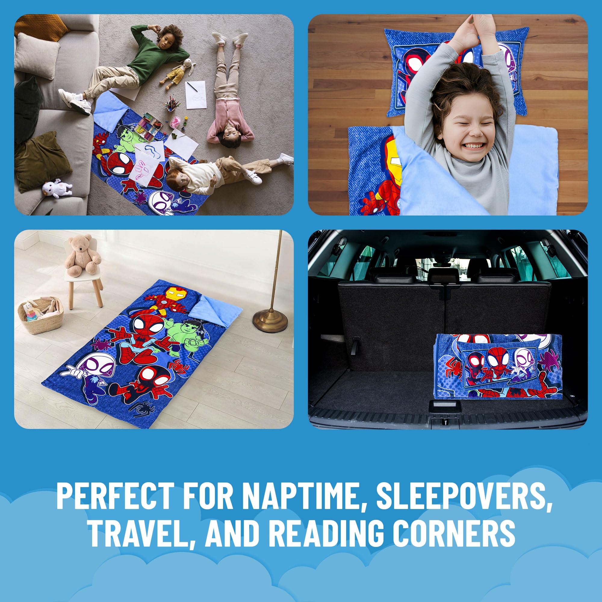 Jay Franco Spidey slumber trio graphics inspire imaginative play during sleepovers.