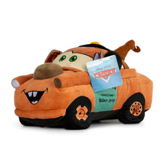 Jay Franco Cars Tow Mater plush buddy in a cozy bedroom scene; perfect for cuddling at night