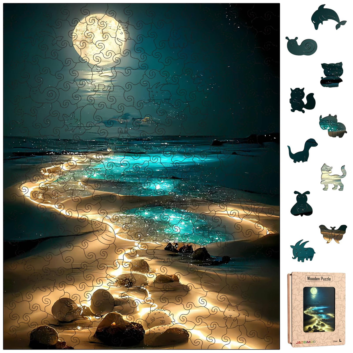 Jazcimdo Moonlight Beach puzzle assembly highlights a challenging family activity.