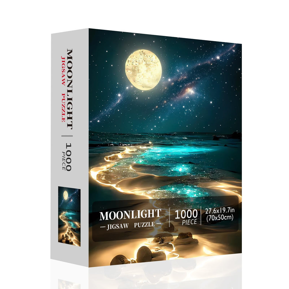 Jazcimdo Moonlight puzzle finished setup, stunning beach scene ready for framing.