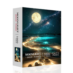 Jazcimdo Moonlight puzzle finished setup, stunning beach scene ready for framing.