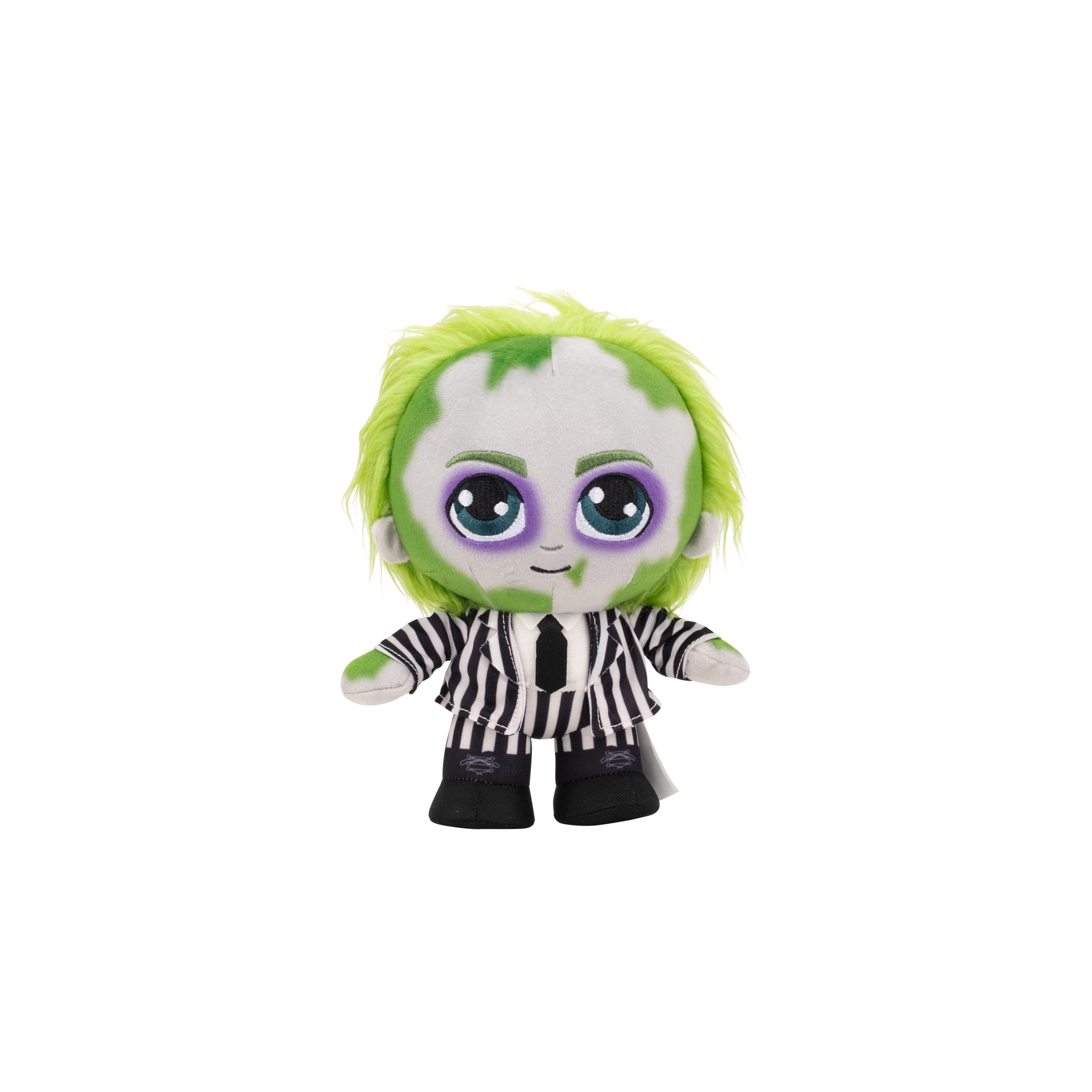 Jazwares Beetlejuice plush in striped suit, ultra-soft cuddle buddy for display or play.