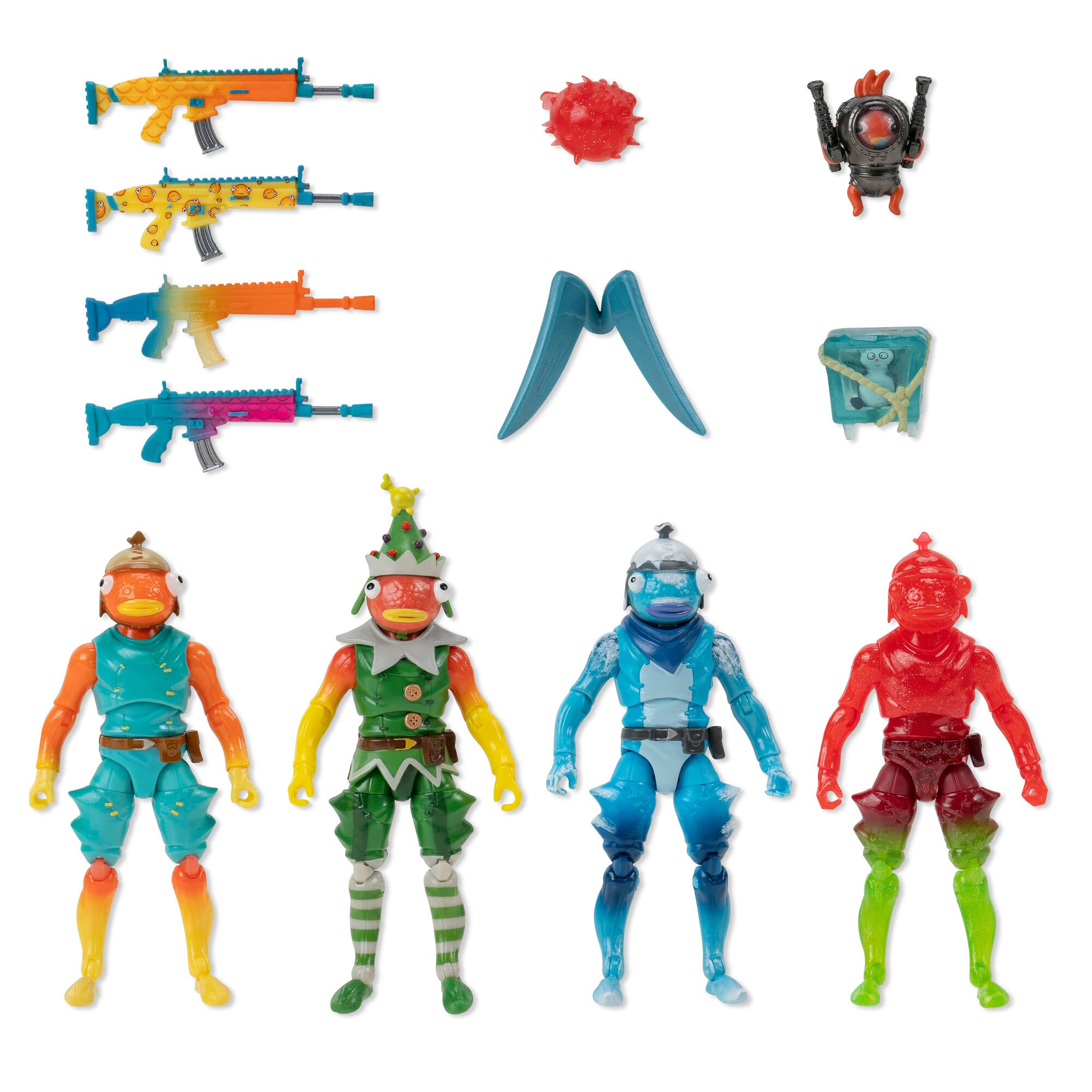 Back bling accessories shown for each figure to customize looks.