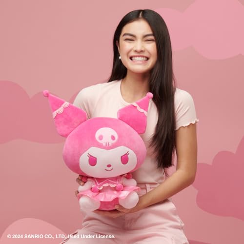 Kuromi pink monochrome plush with pleated skirt ready for display