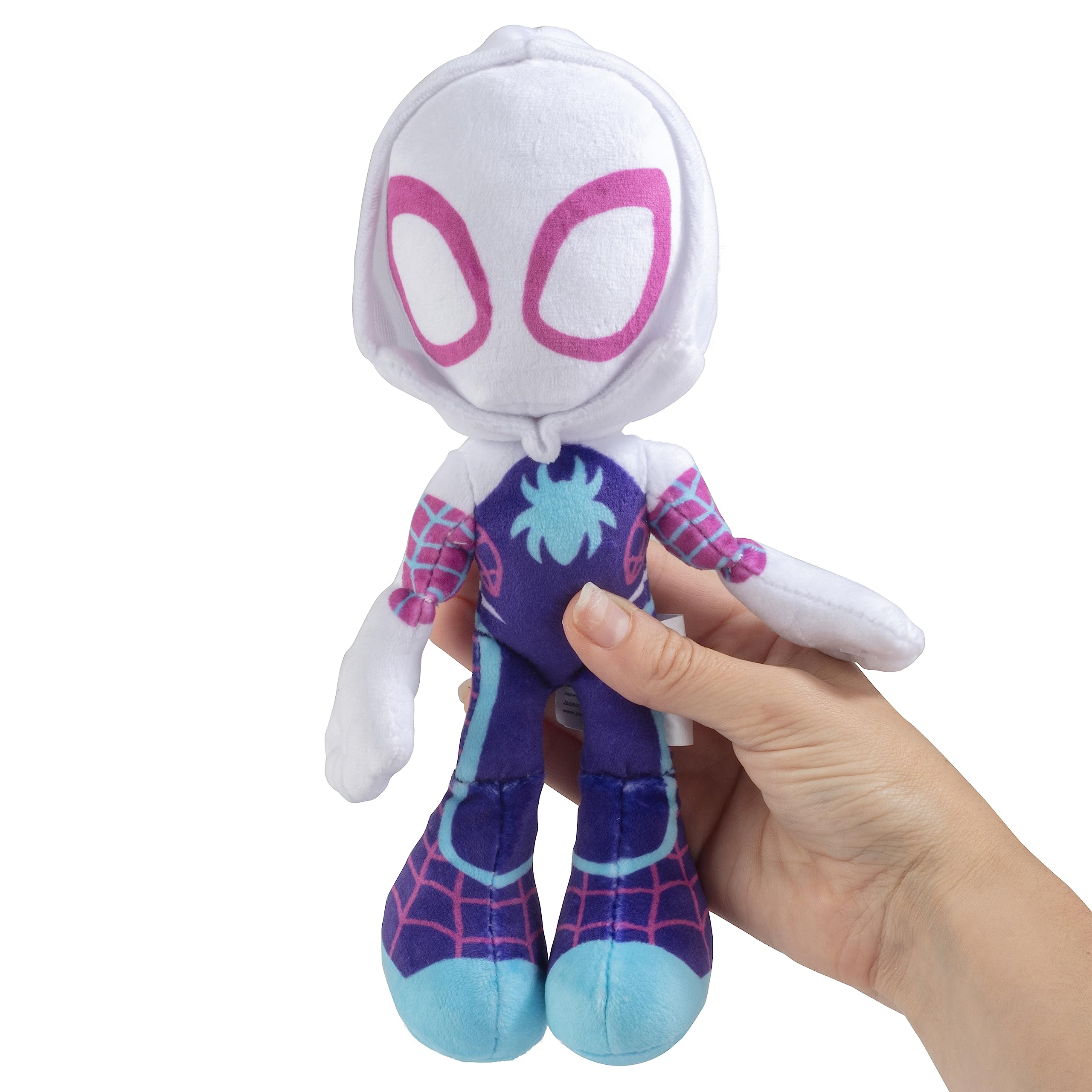 Jazwares 8 inch Ghost Spider plush, a soft bedtime companion.