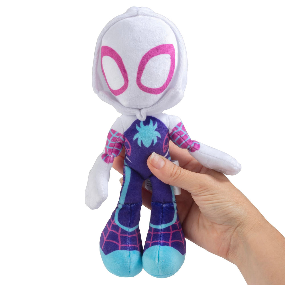 Jazwares 8 inch Ghost Spider plush, a soft bedtime companion.