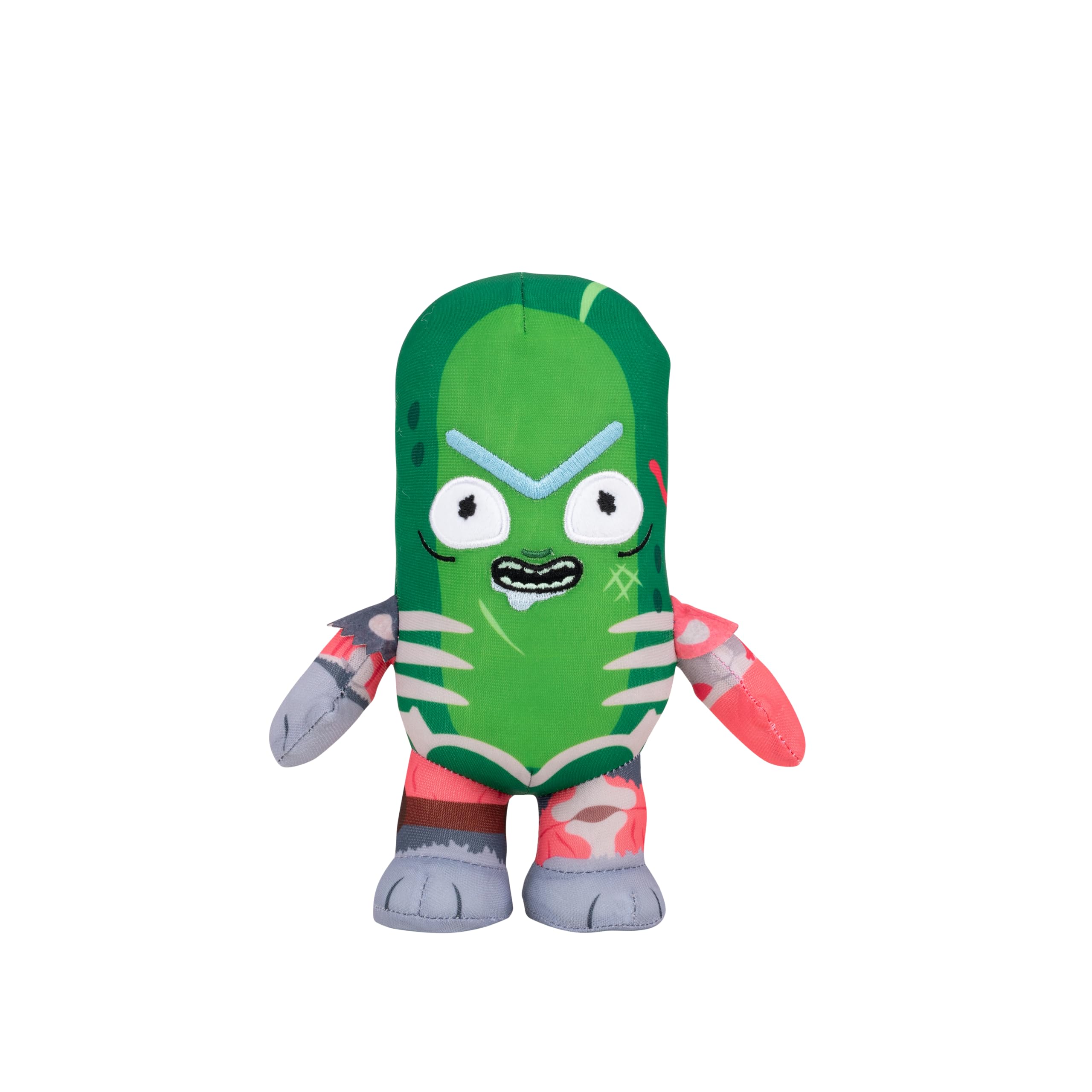 Jazwares Pickle Rick plush, front view, offers a soft, comforting hug for fans.
