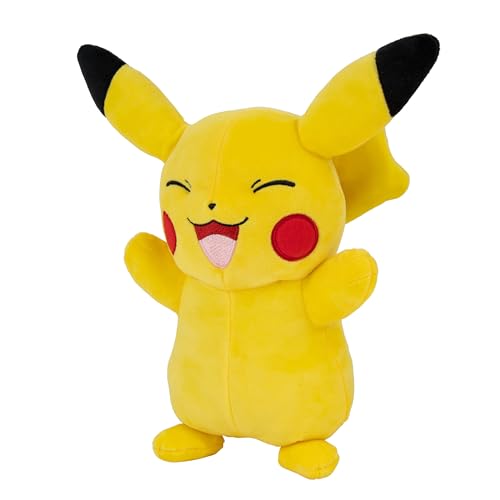 Jazwares Pikachu plush side-profile shows soft fabric and travel-friendly size