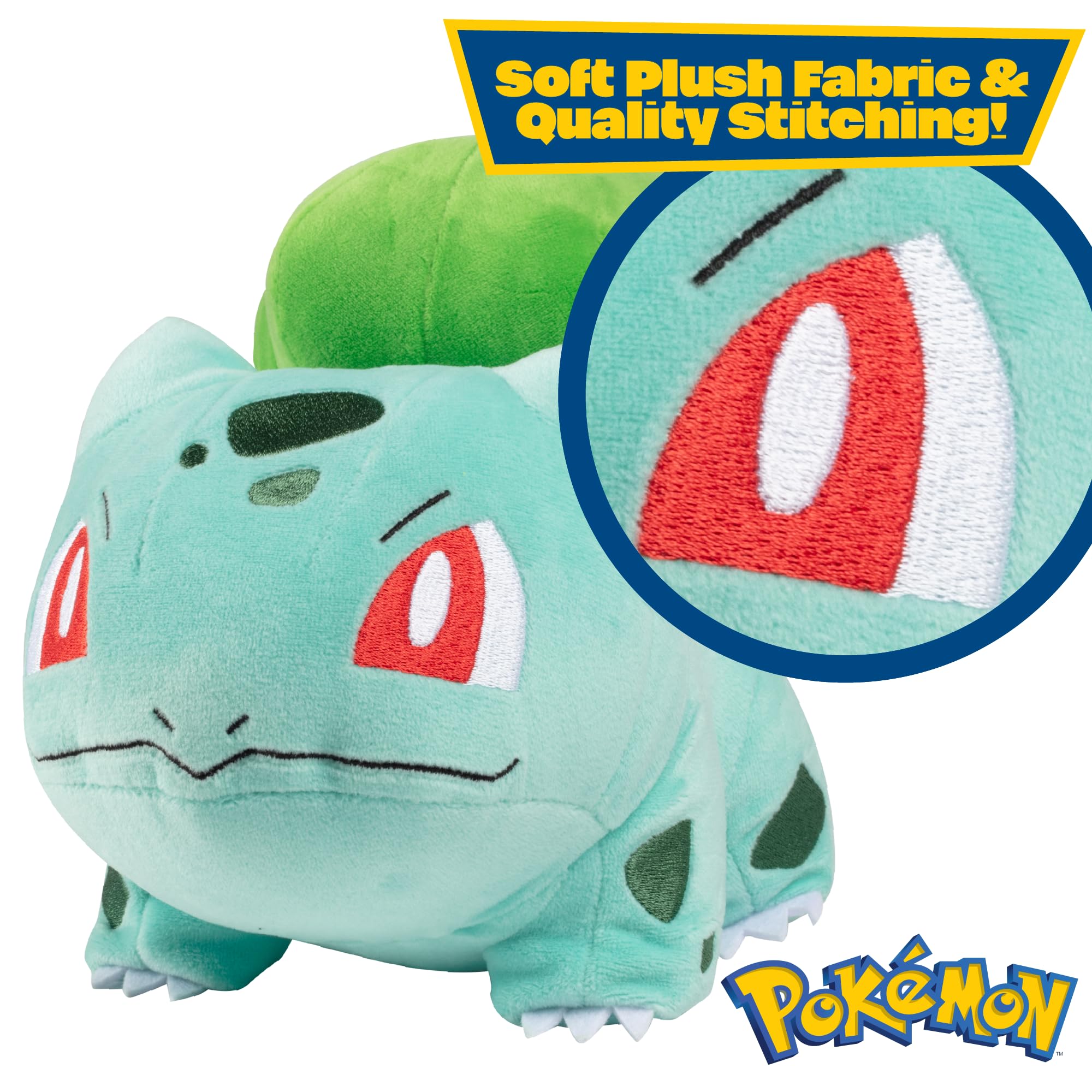 Jazwares Pokémon Bulbasaur plush 8in close-up face, soft fabric with detailed stitching.