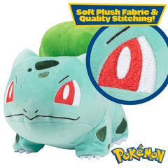 Jazwares Pokémon Bulbasaur plush 8in close-up face, soft fabric with detailed stitching.