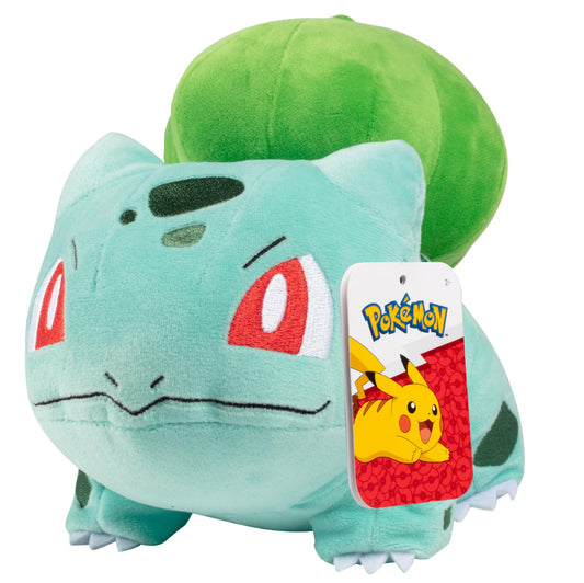 Jazwares Pokémon Bulbasaur plush 8in front view, soft cuddle buddy for kids.