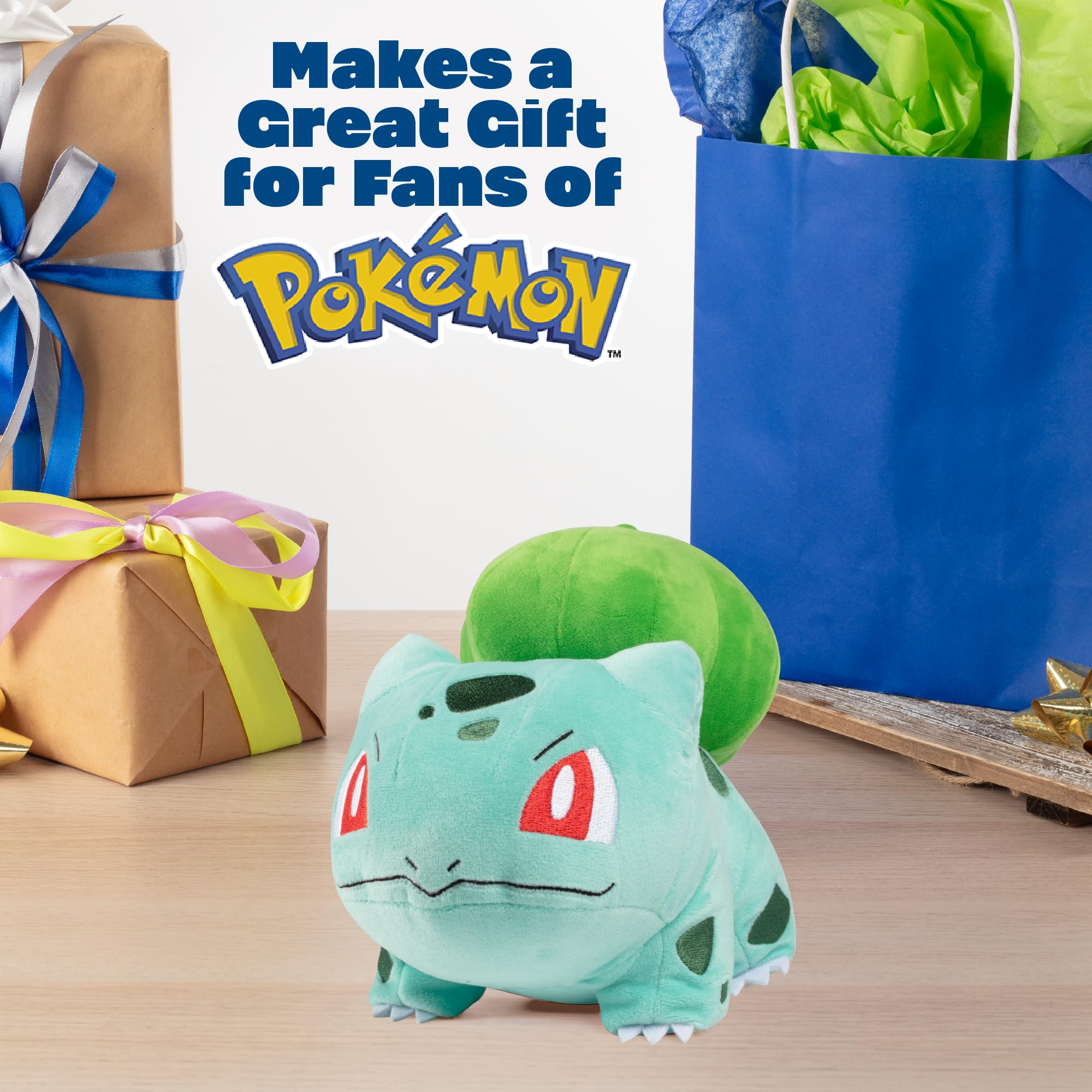 Jazwares Pokémon Bulbasaur plush 8in packaging shot, ready for gift presentation.