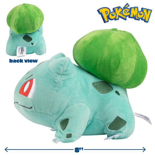 Jazwares Pokémon Bulbasaur plush 8in side view, portable companion for adventures.