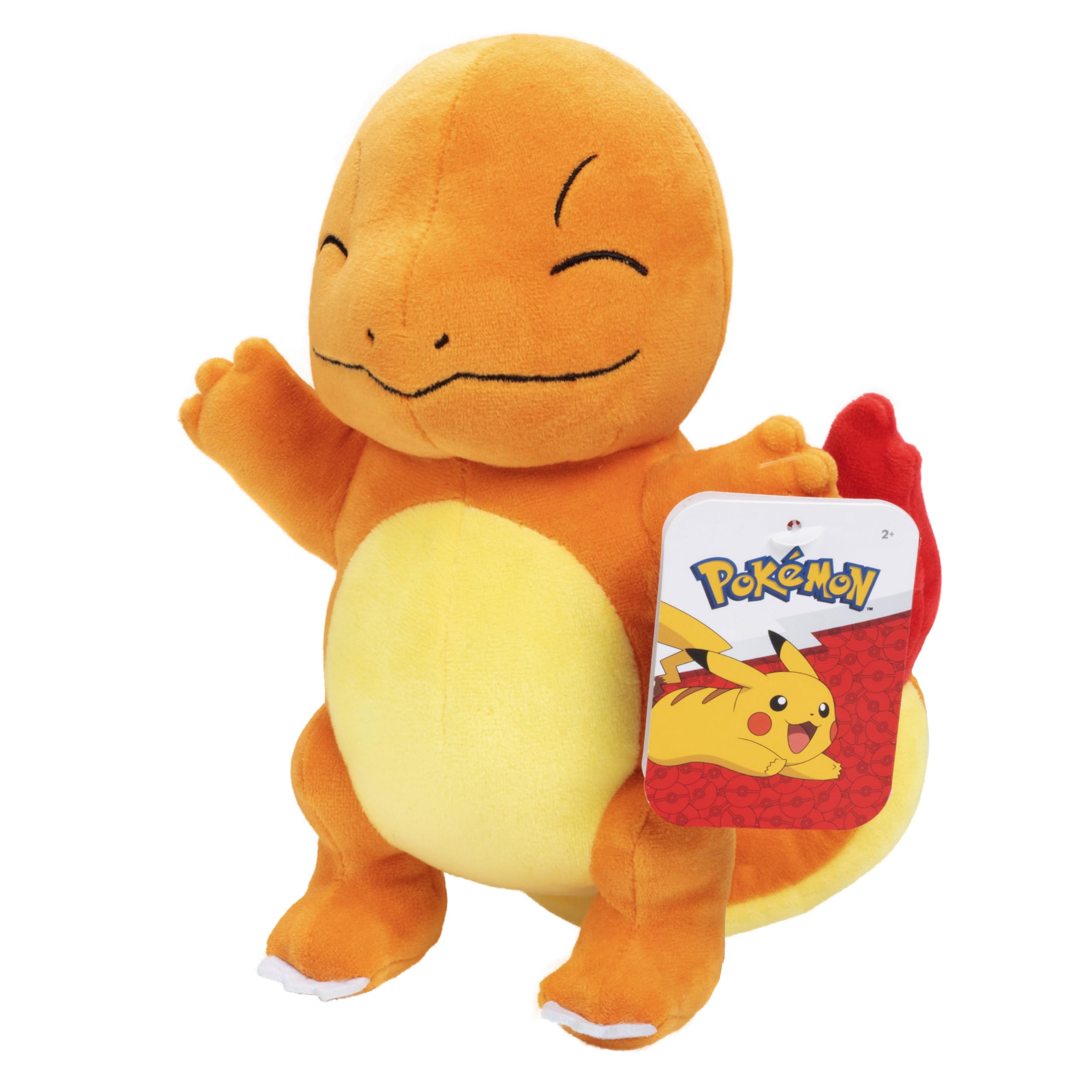 Jazwares Pokémon Charmander plush face close-up, ultra-soft fabric ideal for cuddling.