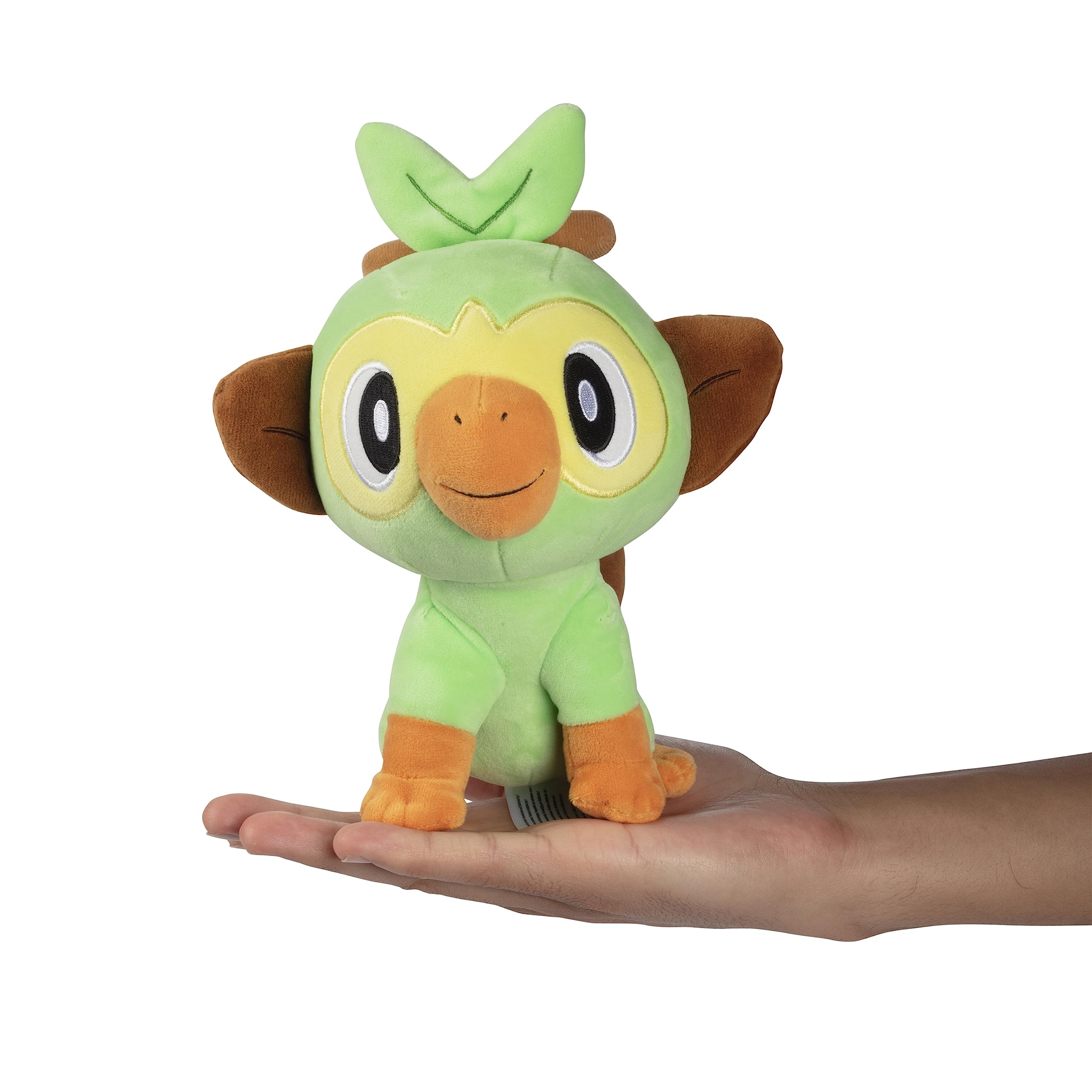 Jazwares Grookey 8-inch plush, front-view eyes and friendly smile.