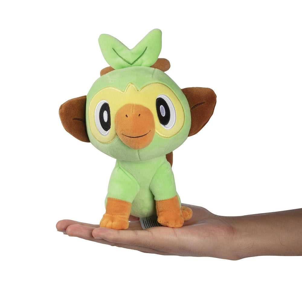 Jazwares Grookey 8-inch plush, front-view eyes and friendly smile.