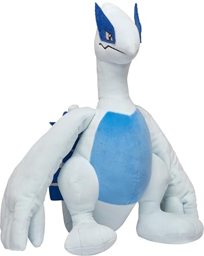 Jazwares Pokemon Lugia plush 12in side view, showcasing cuddly, kid-friendly design for travel.