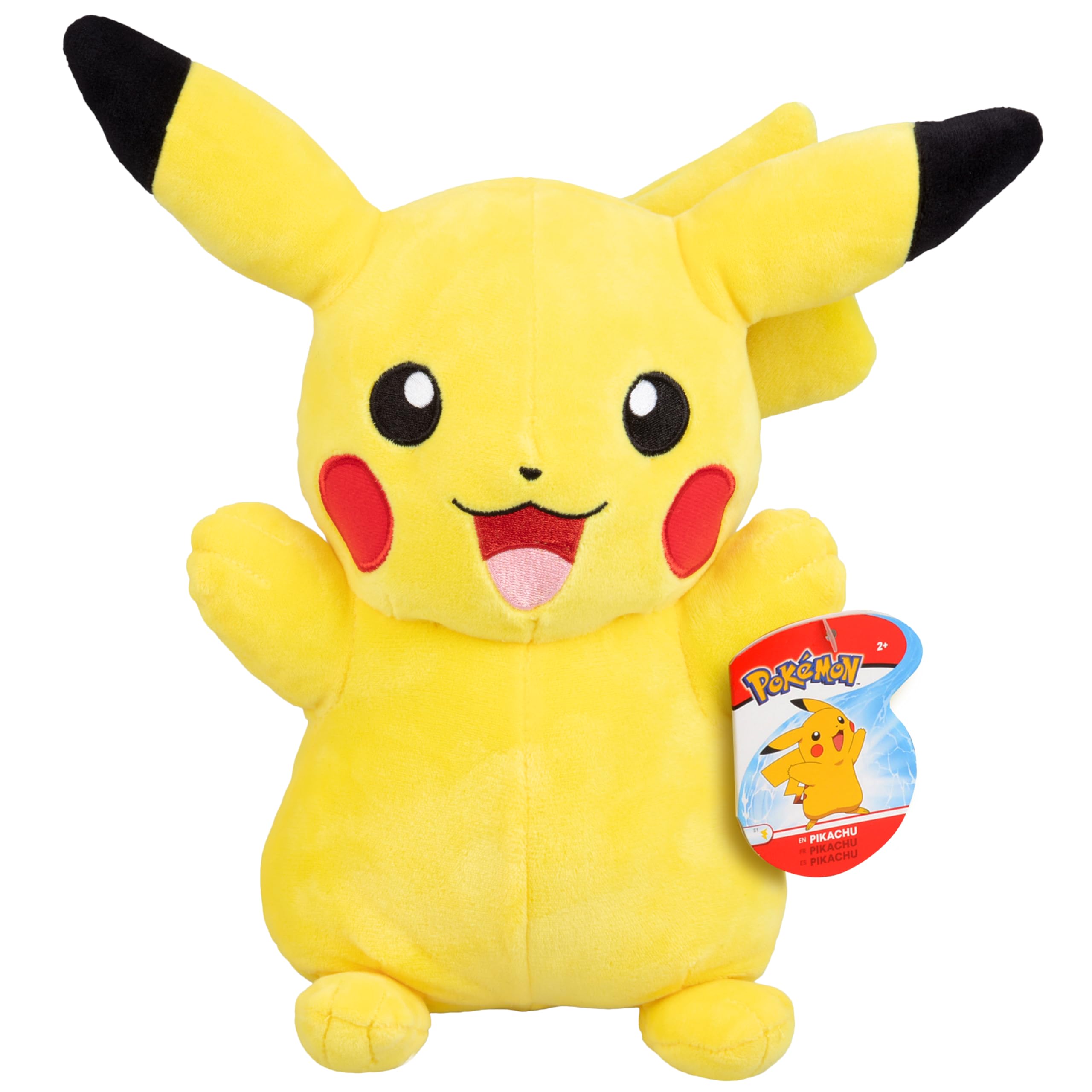 Jazwares Pikachu plush 12in full body view, soft and cuddly for hugs.