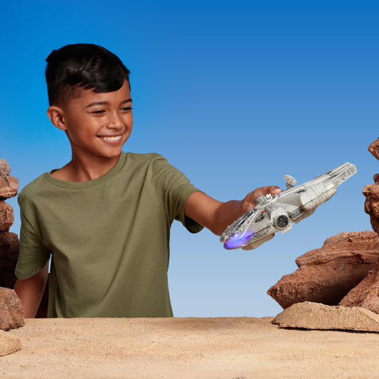 Jazwares Millennium Falcon rotating cannons for poseable battle-ready looks.