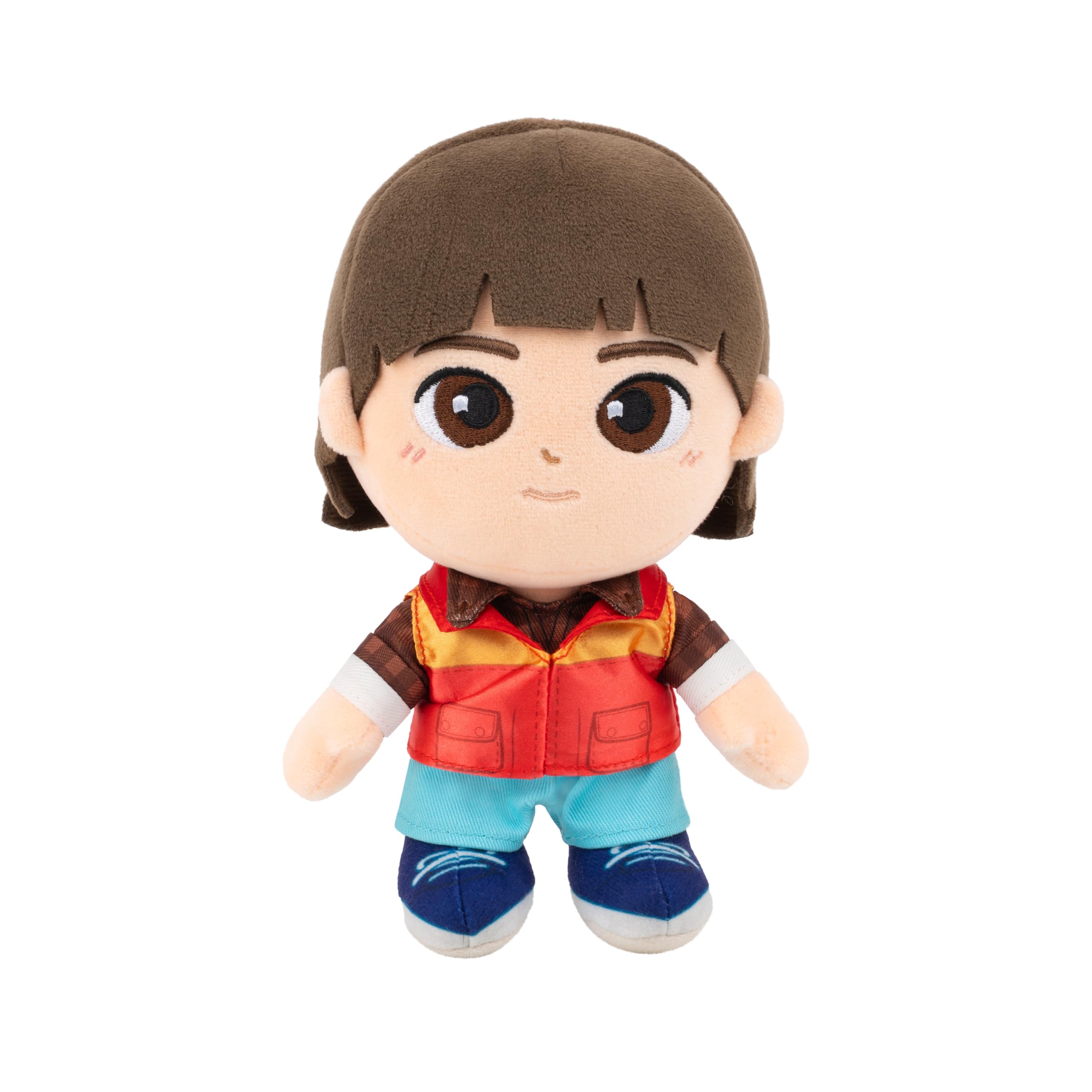 Jazwares Stranger Things Will Byers Plush face embroidery highlights soft, detailed craftsmanship for display.