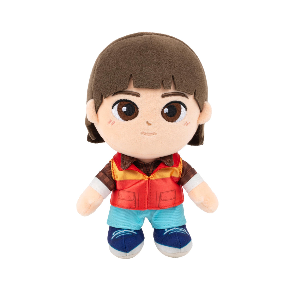 Jazwares Stranger Things Will Byers Plush face embroidery highlights soft, detailed craftsmanship for display.