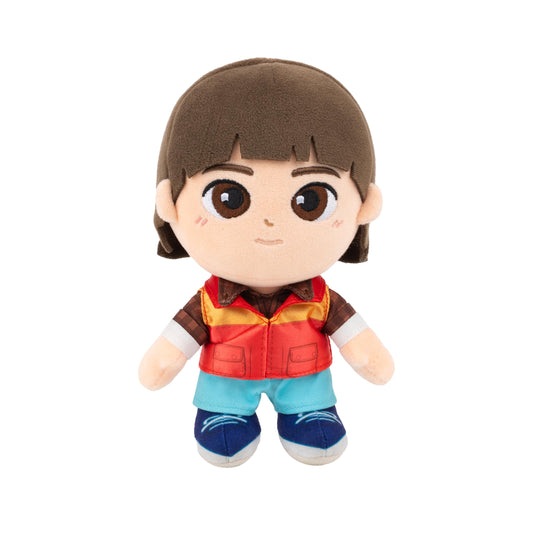 Jazwares Stranger Things Will Byers Plush face embroidery highlights soft, detailed craftsmanship for display.