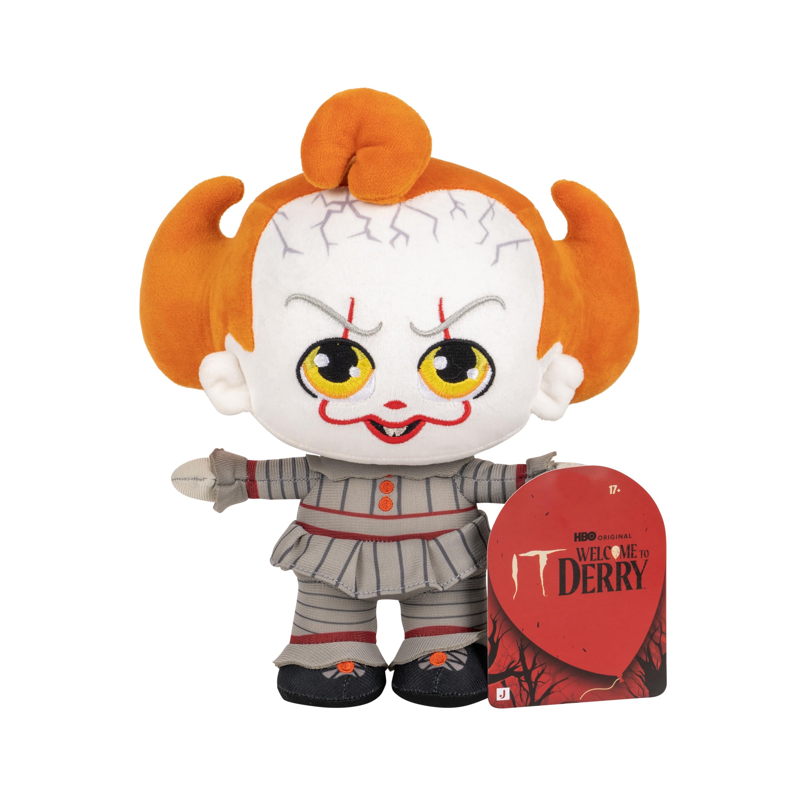 Collectible Pennywise plush on a shelf adds spooky whimsy to any room.