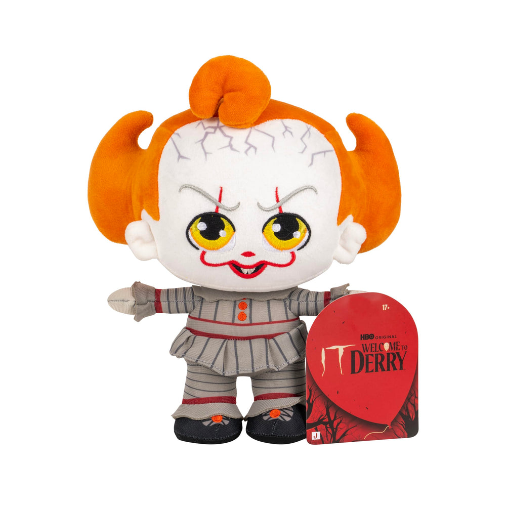 Collectible Pennywise plush on a shelf adds spooky whimsy to any room.