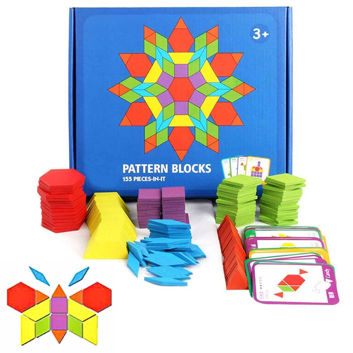 JCREN wooden pattern blocks set for imaginative geometry play and shape recognition.