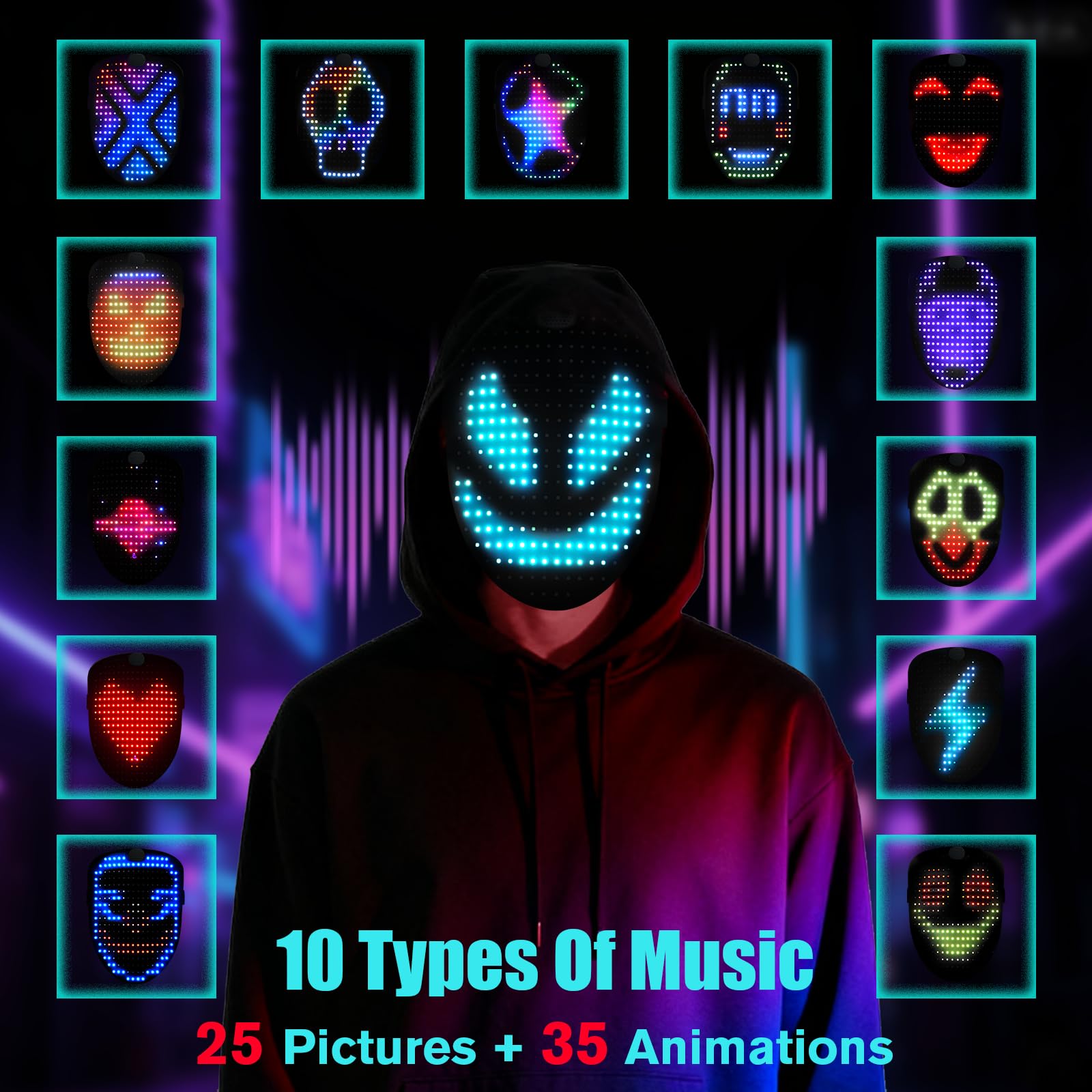 JDBMAOYE LED mask displaying 60 patterns for Halloween and cosplay settings