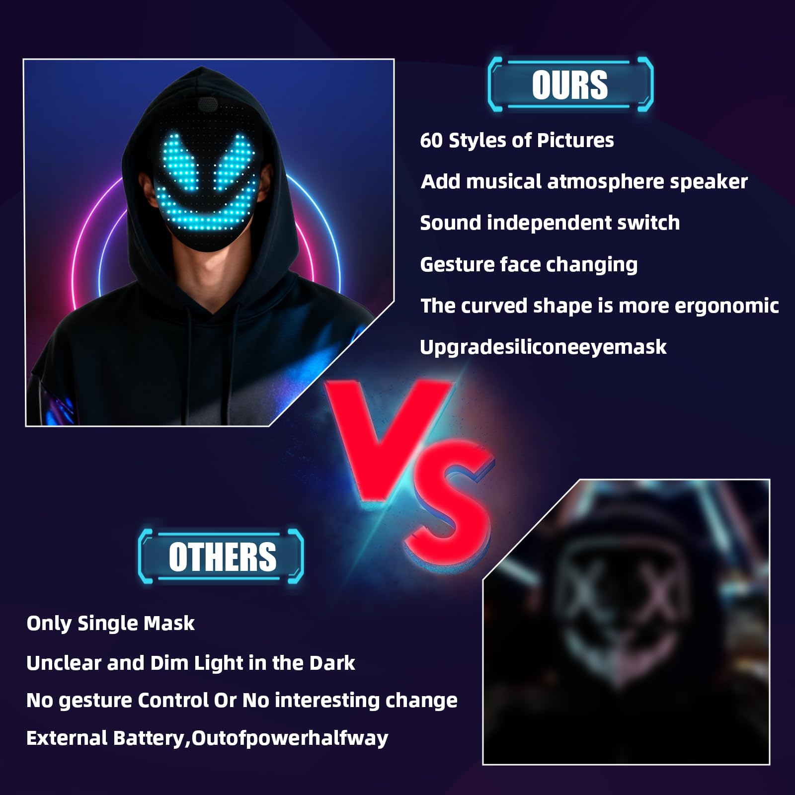 JDBMAOYE LED mask uses high-brightness RGB LEDs for vibrant visuals