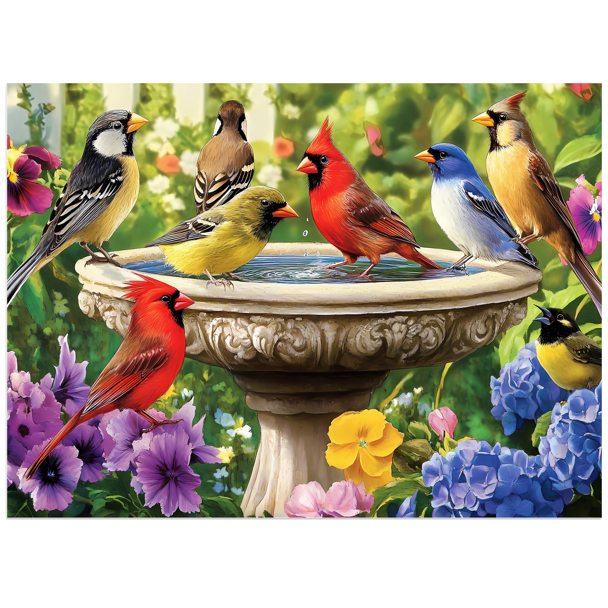 Jeacirio Birds 500-piece puzzle by the fountain, ideal for family puzzling.