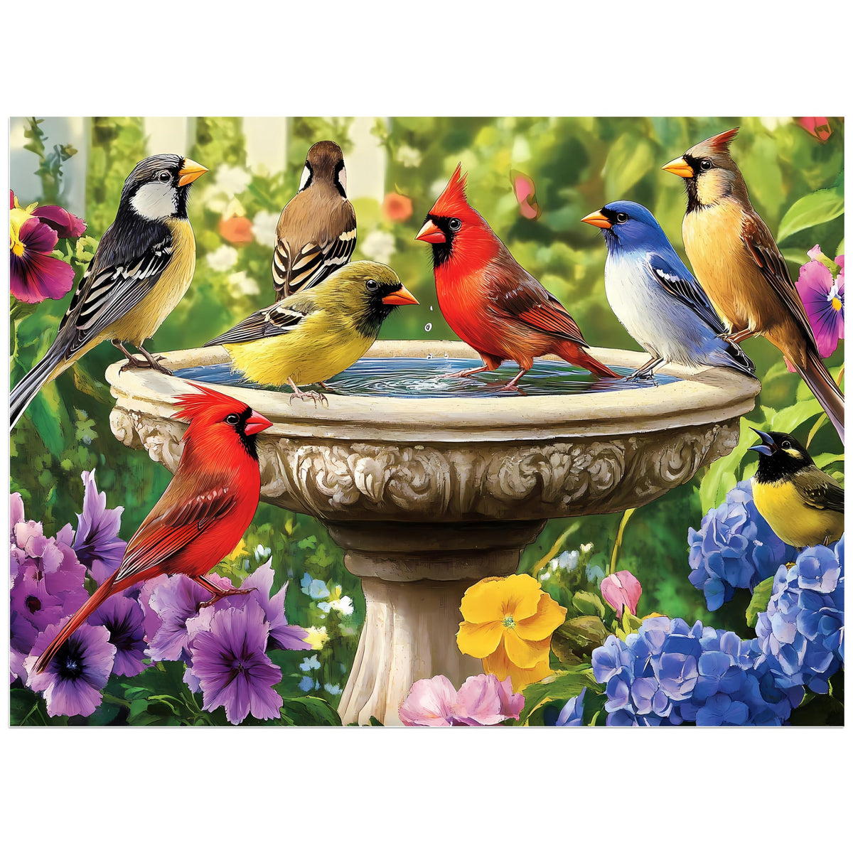 Jeacirio Birds 500-piece puzzle by the fountain, ideal for family puzzling.