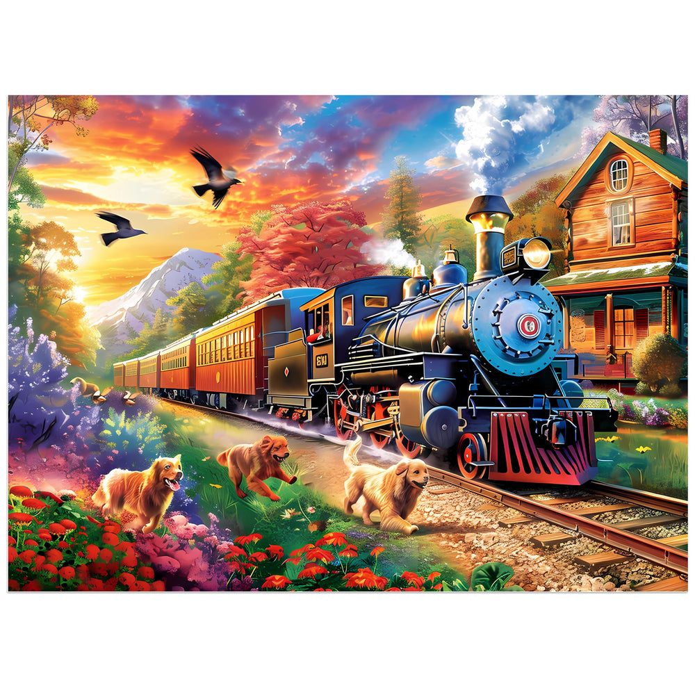 Jeacirio dogs chasing train puzzle: vibrant 500-piece challenge for adults and families.