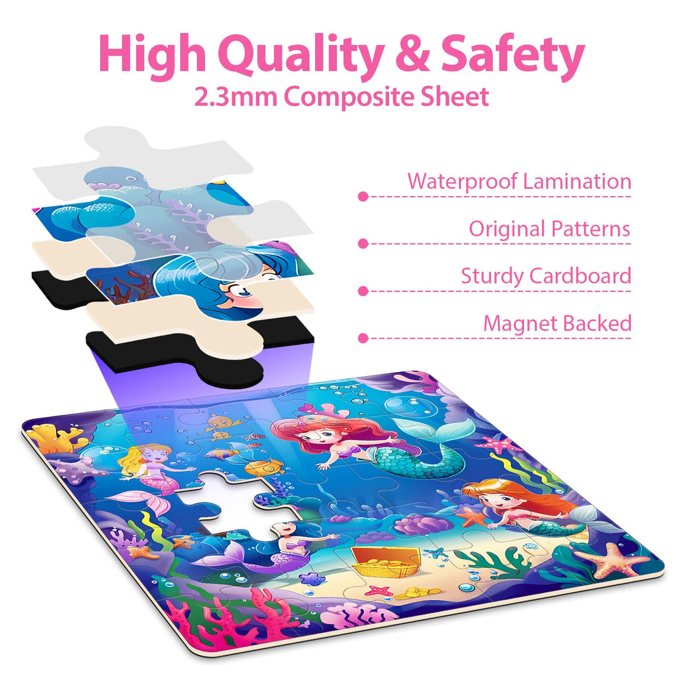 Jeacirio Princess Mermaid Puzzles magnetic pieces stay together during play.