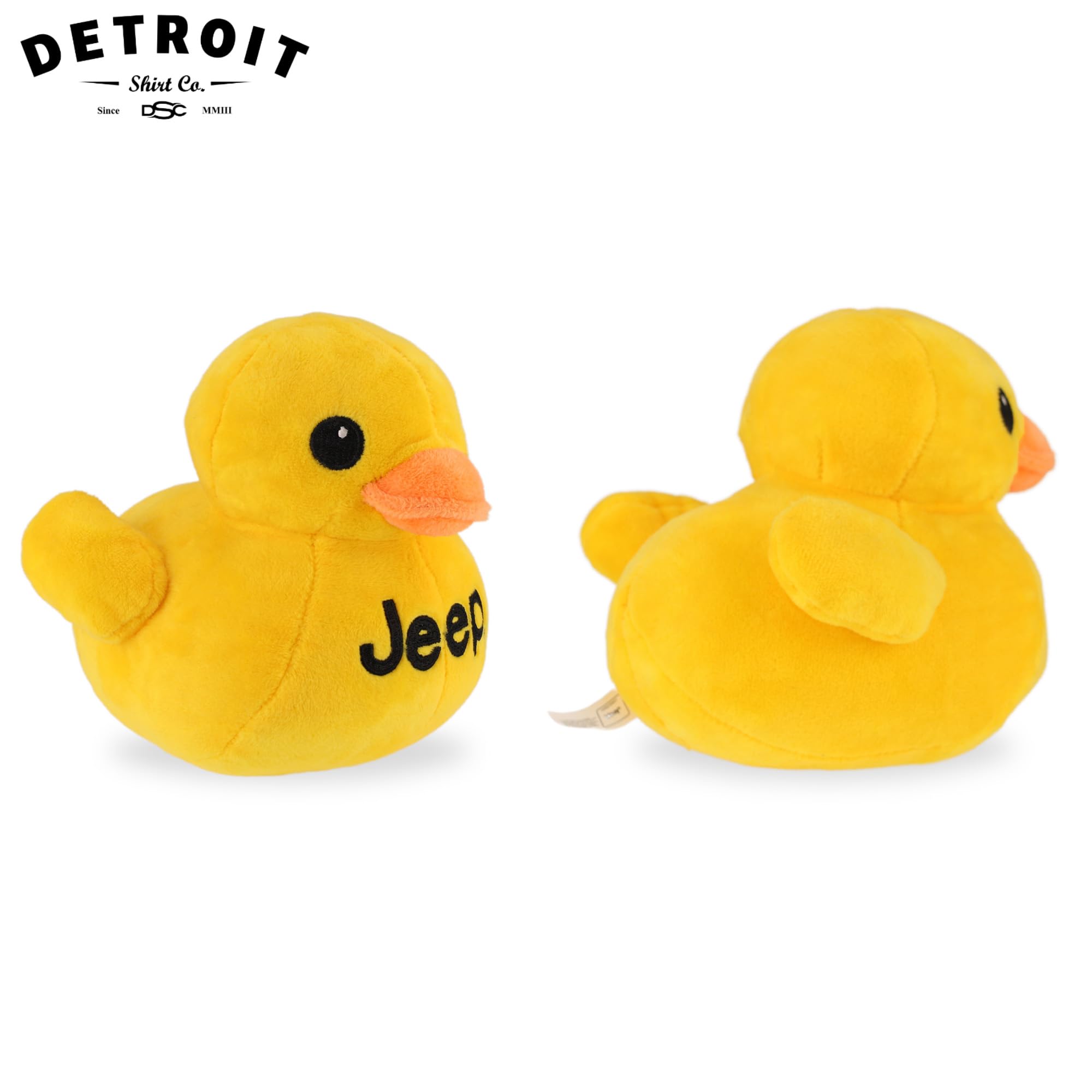 Duck plush displayed on a shelf as a compact Jeep memorabilia centerpiece.