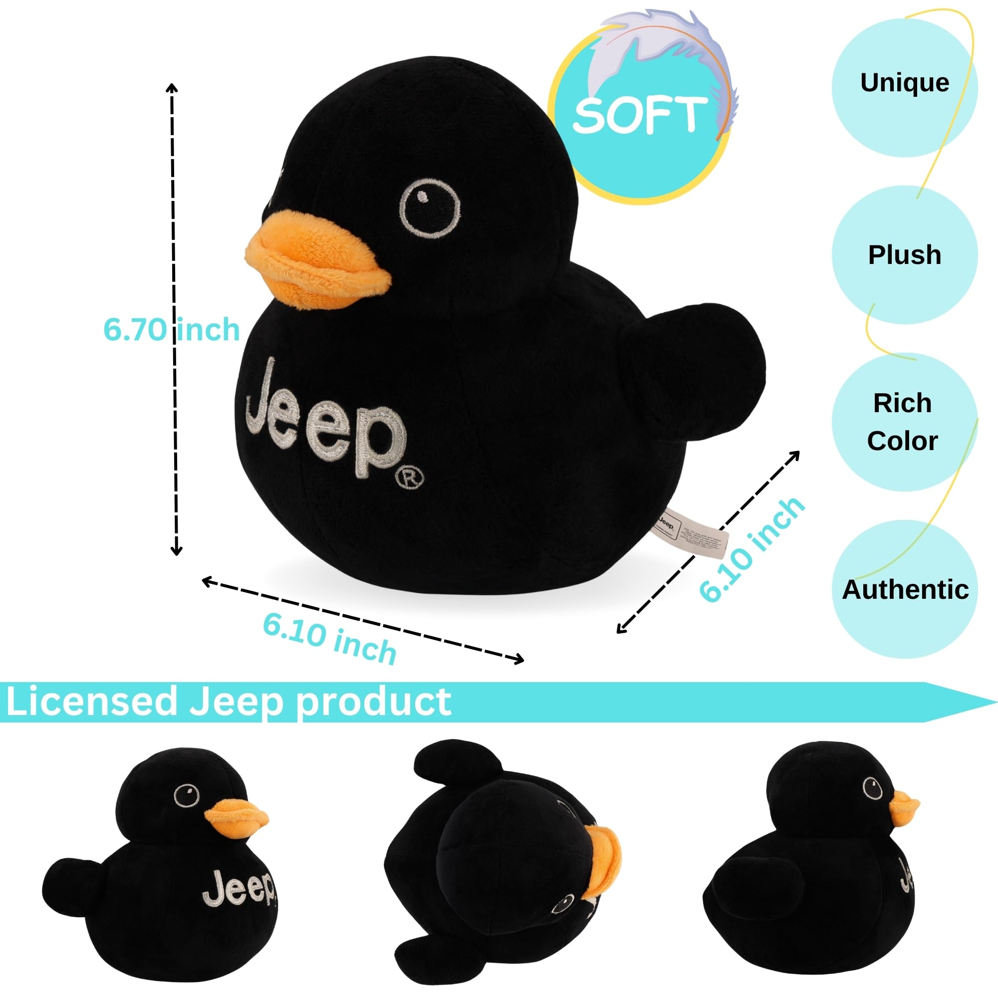 Jeep Text Logo Plush Duck Black – side view; ideal desk companion for Jeep enthusiasts